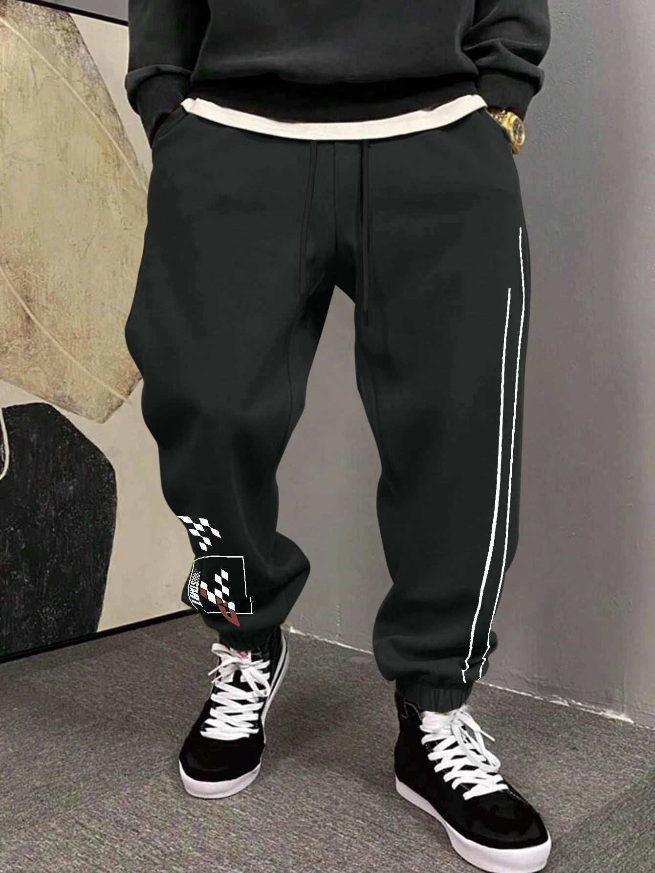 Men's Y2K Racing Checkerboard Side Line Print Sweatpants Elastic Waist Soft Fabric Motor Street Hip Hop Joggers