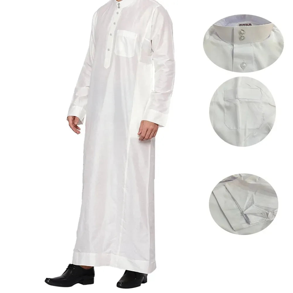 Middle Eastern Men's Thobe Qatar Style Polyester Robe with Stand Collar and Pockets