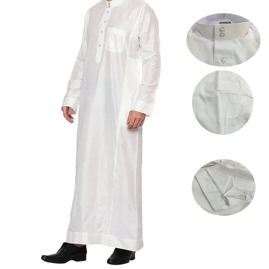 Middle Eastern Men's Thobe Qatar Style Polyester Robe with Stand Collar and Pockets