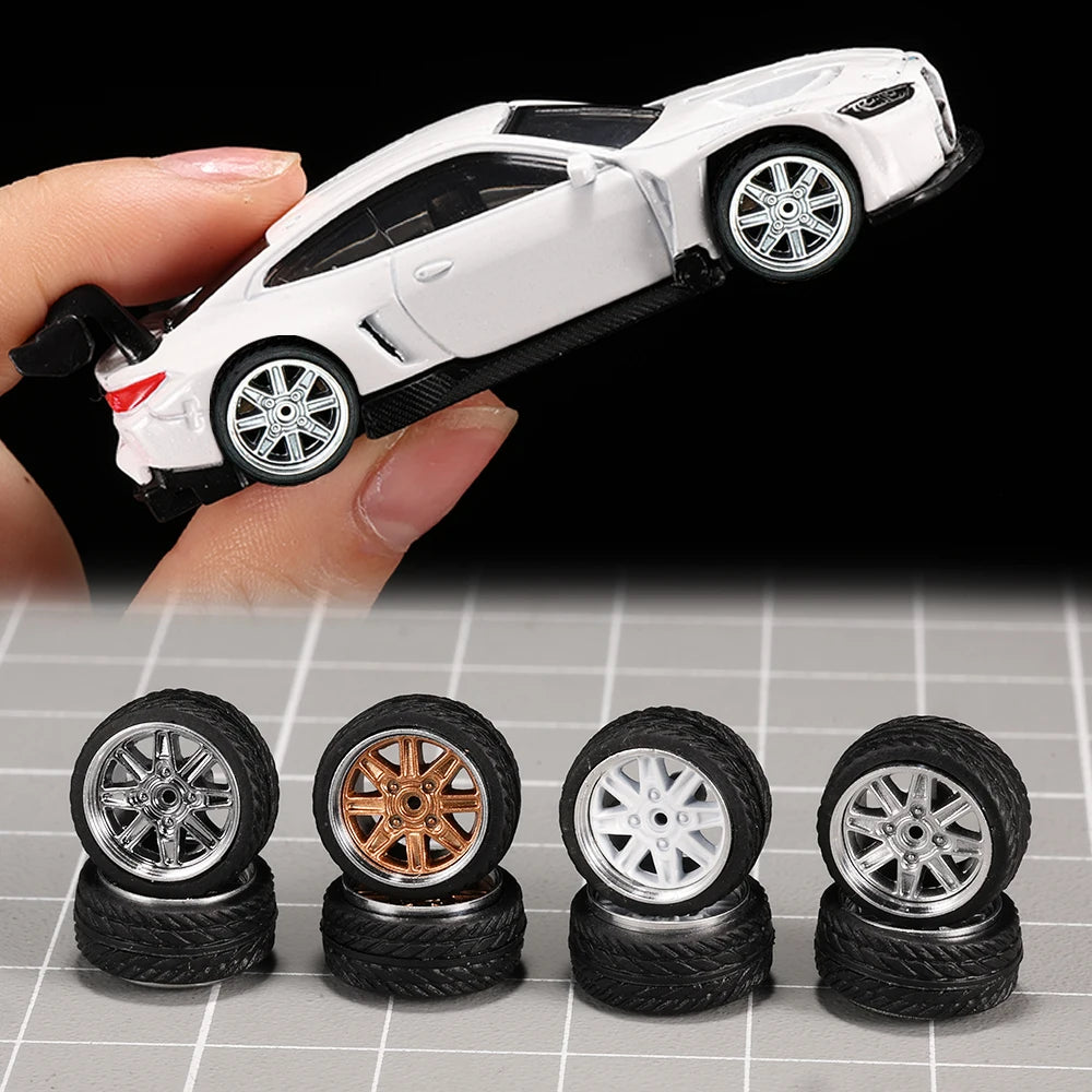 1/64 Model Car Wheels 4 Sets-11mm Diameter ABS Rubber Tires with Brake Disc-Upgrade Parts for Tomica Hot Wheels Diecast Vehicles