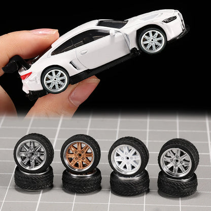 1/64 Model Car Wheels 4 Sets-11mm Diameter ABS Rubber Tires with Brake Disc-Upgrade Parts for Tomica Hot Wheels Diecast Vehicles