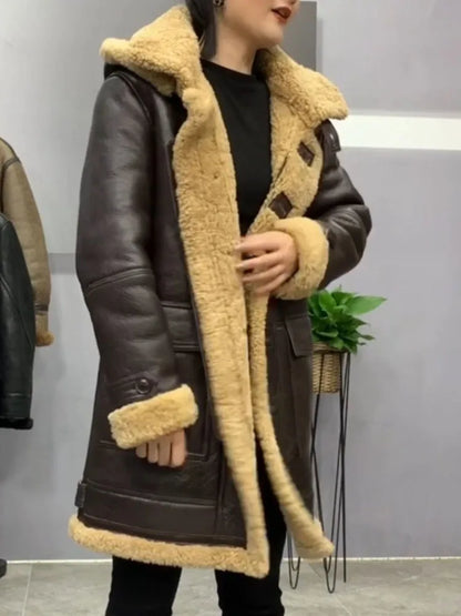 Men and Women's Winter Warm Coat Long Jacket Genuine Sheepskin Lambskin Shearling Wool Liner Hooded Brown XXXXXXXXL 5XL 6XL 7XL