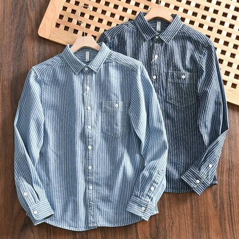 Amekaji Men's Pure Cotton Denim Long Sleeve Shirt Vertical Stripes Washed Vintage Slightly Loose Casual Button Down Shirt Top