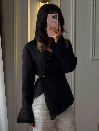 Fashion Red Cotton Linen Shirts Women V-Neck Long Sleeve Bandage Thin Blouses 2026 New Spring Summer Cotton Chic Tops For Women