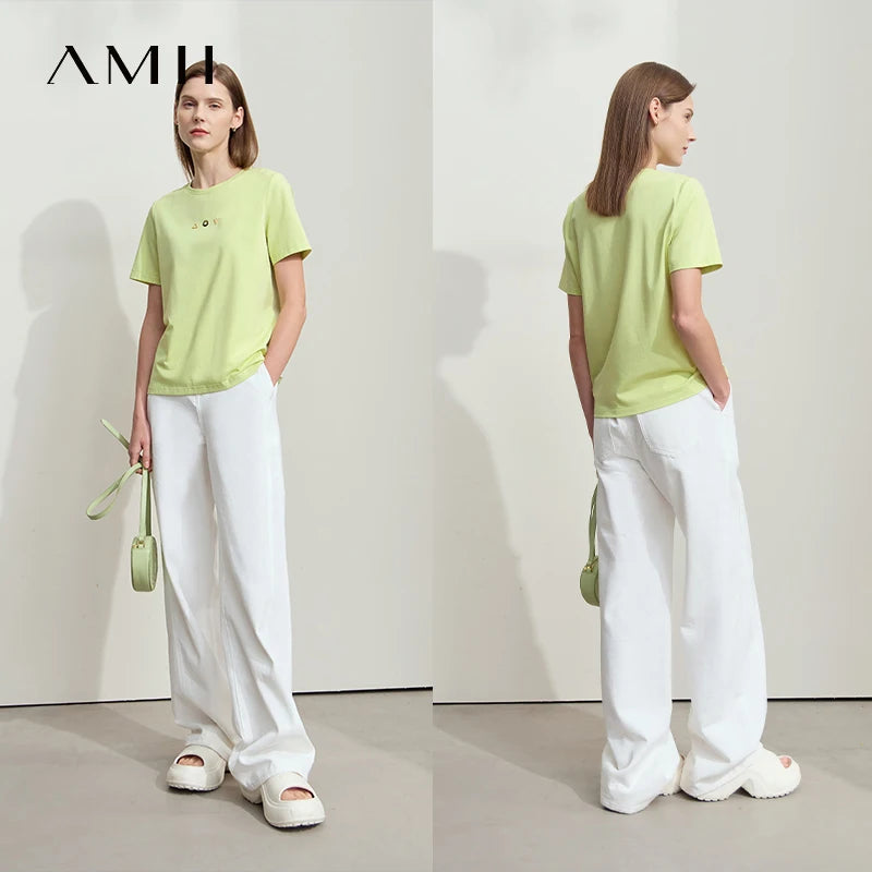 Amii Minimalist T-shirt Women's Tops O-neck Short Sleeves Geometric Decoration Antibacterial Cotton Elastic Casual Tees 12521088
