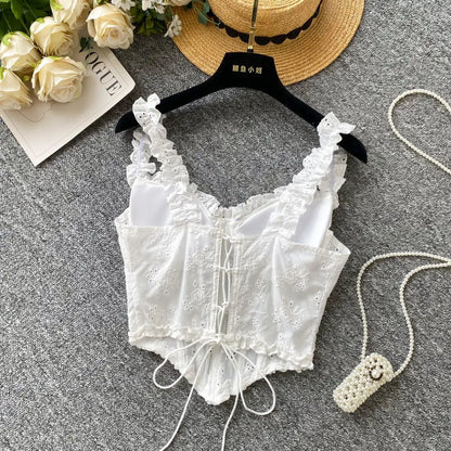 Sweet Heavy Embroidery Hollow out Strap Vest Women Summer Pure Desire Spicy Fibone Slimming Top Women's Faion Outfit