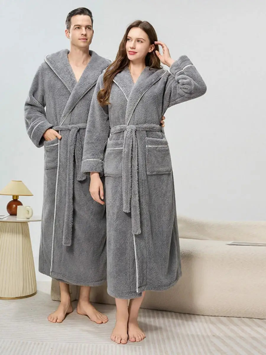 Couples Thickened Hooded Bath Robe Warm Sleepwear for Men And Women Cotton Velvet Winter Home Clothes Unisex Pajamas