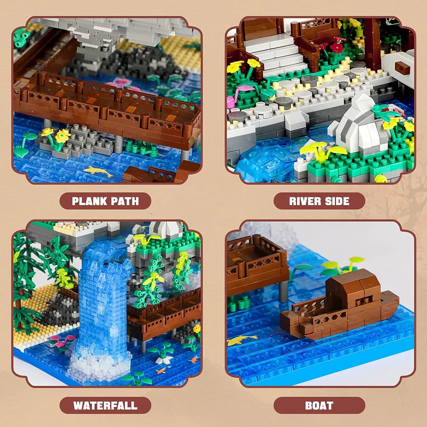 MOC Mini Building Block Set Peach Blossom Pool Chinese Architecture Cherry Bonsai Japanese Cherry Tree House Lantern Gift Toy