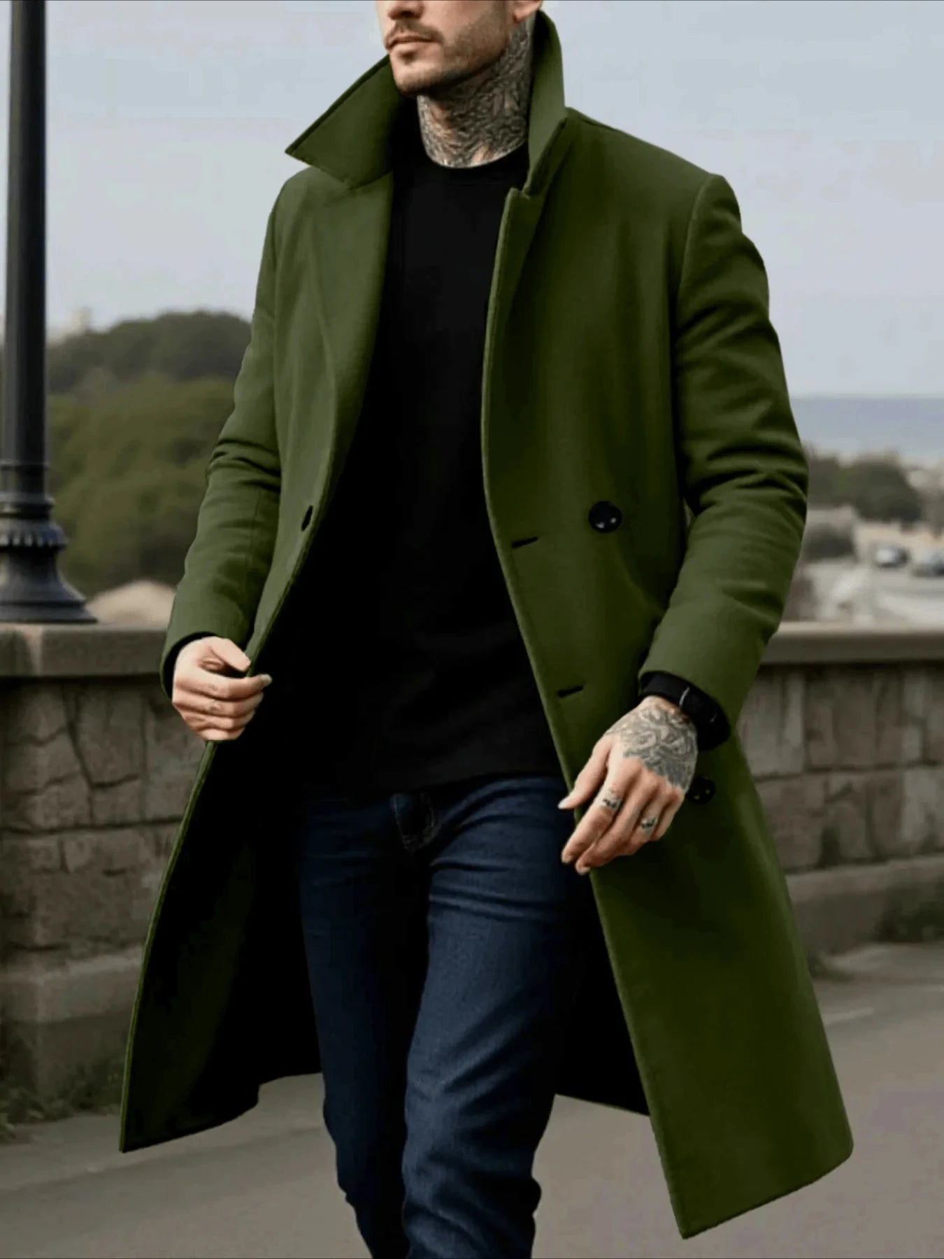 Men's Winter Mid-Length Coat Woolen Warm Coats Lining Double Breasted Lapel Jacket Street Wear Men's Clothing Outerwears