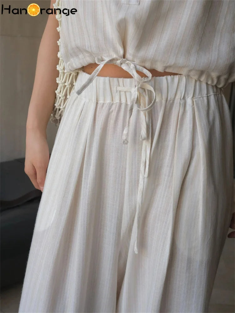 HanOrange 2026 Summer Vacation Stripe Loose Casual Pants Women Loose Wide Legs Breathable Trousers White Coffee/Blue White