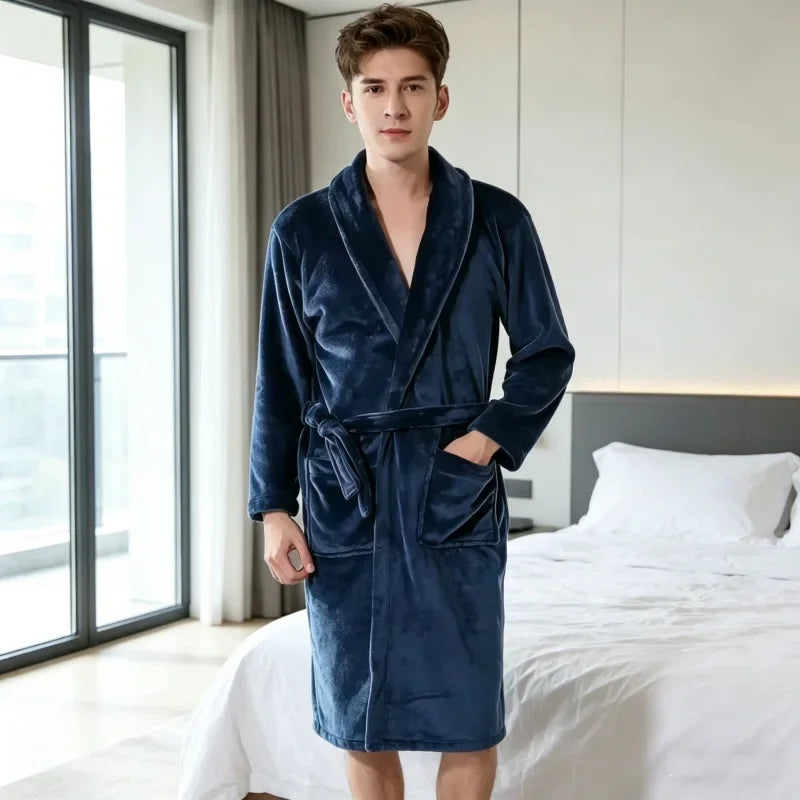 Water Absorbent Warm Men Bathrobe Winter Adjustable Lace Up Belt Cozy Bath Robe Home Daily Loungewear Comfortable Men Wear