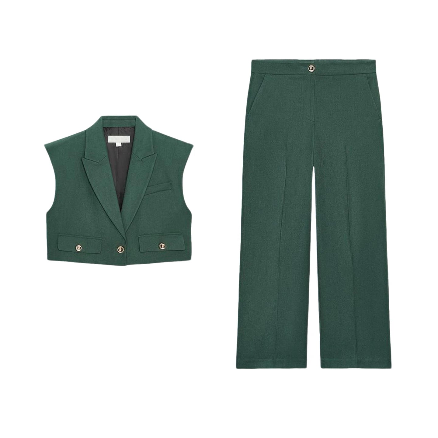 High Waist Wide Leg Pants Zipper Decoration Short Sleeve Turn-down Collar Single Pocket Decoration Fashion Set for Women