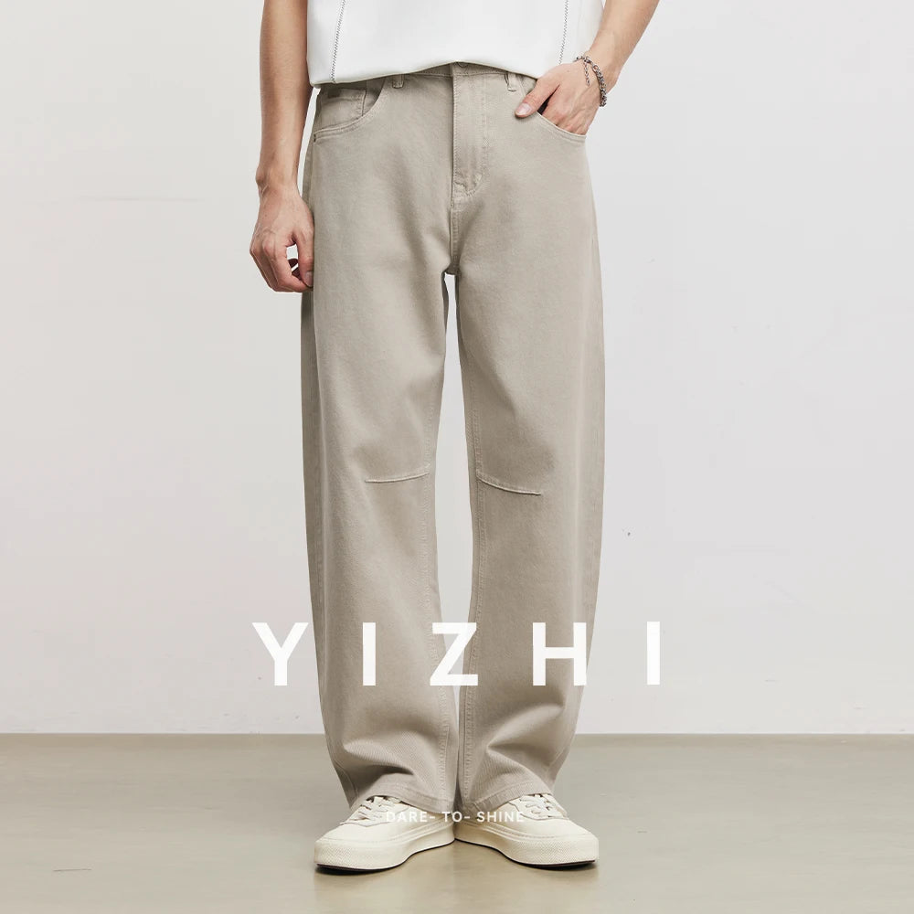 Fashion Men's American Retro Draping Vintage Cut-Off Jeans 2026 Summer Cotton Blend Loose Casual Straight Wide Leg Pants