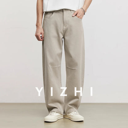 Fashion Men's American Retro Draping Vintage Cut-Off Jeans 2026 Summer Cotton Blend Loose Casual Straight Wide Leg Pants