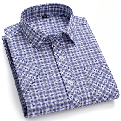 New in Shirt Over Size 100% Cotton Thin Summer Short Sleeve Shirts for Men Slim Fit Plain Shirt Plaid Soft Korean Popular Clothe