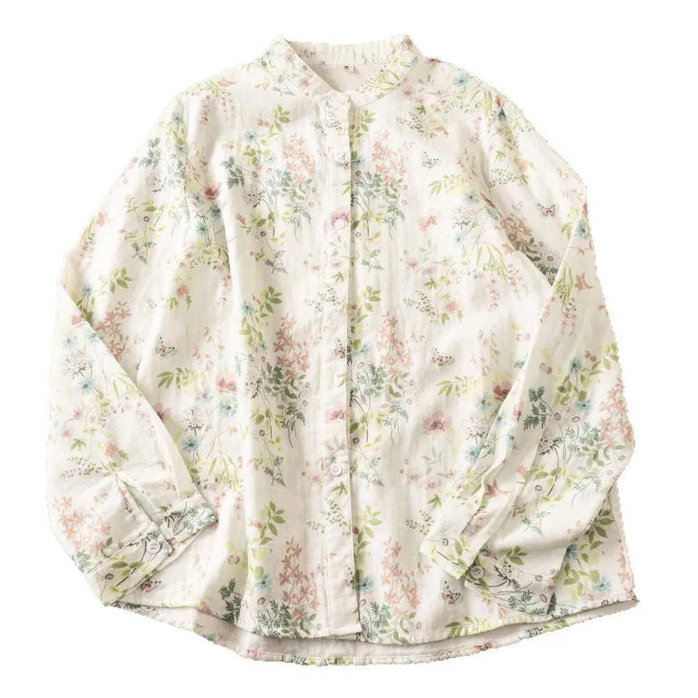 Slimming Long Sleeve Cotton Shirt Women's Fashionable Small Stand Collar Double Layer Printed Casual Shirt Autumn New Arrival