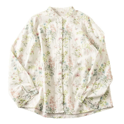 Slimming Long Sleeve Cotton Shirt Women's Fashionable Small Stand Collar Double Layer Printed Casual Shirt Autumn New Arrival