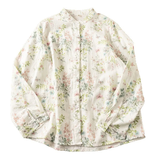 Slimming Long Sleeve Cotton Shirt Women's Fashionable Small Stand Collar Double Layer Printed Casual Shirt Autumn New Arrival