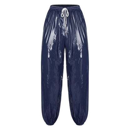 Mens Shiny Waterproof Jogging Pants Y2K Drawstring Elastic Waistband Side Pockets Track Baggy Glossy Pants Hip Hop Trousers