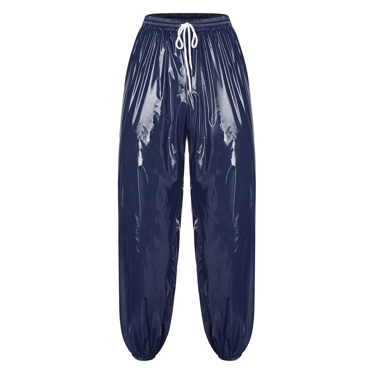 Mens Shiny Y2K Drawstring Jogging Pants Waterproof Elastic Waistband Side Pockets Track Baggy Glossy Pants Hip Hop Trousers