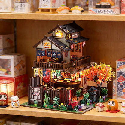Japanese Izakaya Sushi Restaurant DIY Miniature Dollhouse Kit with LED Light 3D Wooden Puzzle Full Furniture Creative Gift