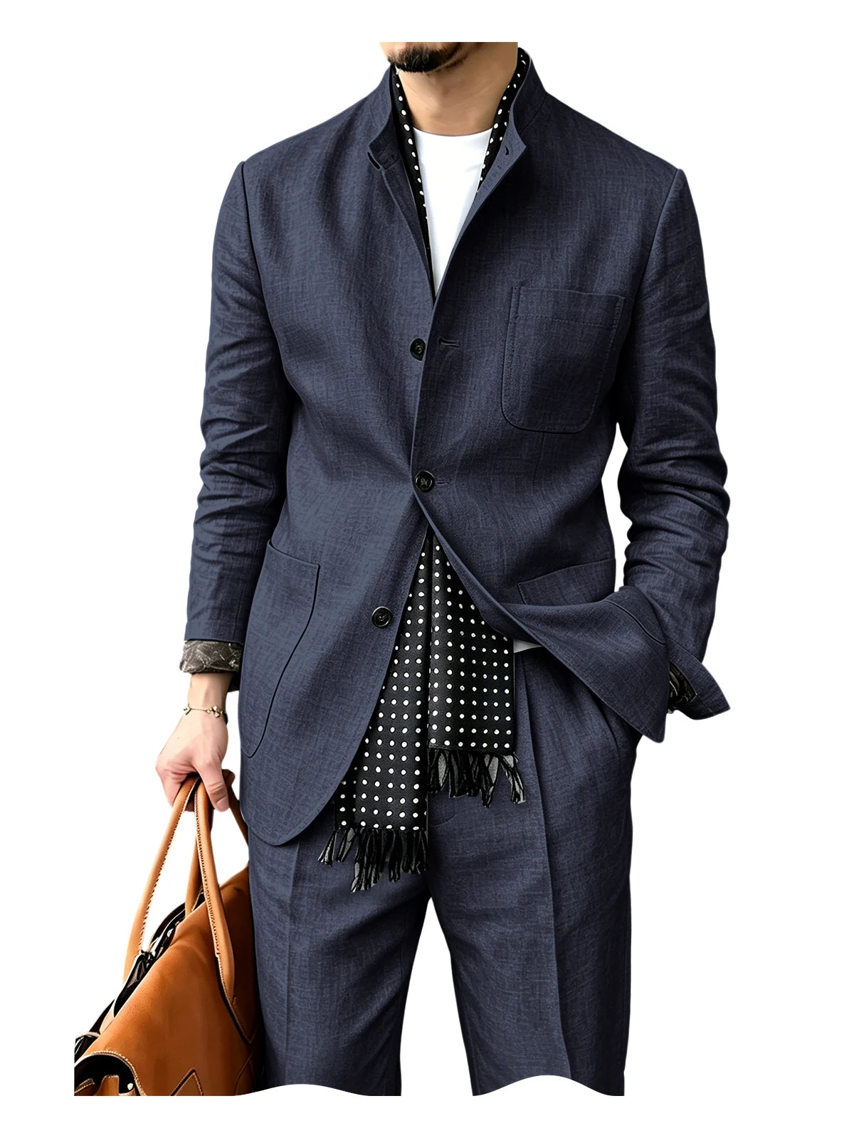 Men's Linen Blend 2 Piece Suit Set Stand Collar Three Button Breathable Casual Blazer Pants For Business Daily Wear Summer