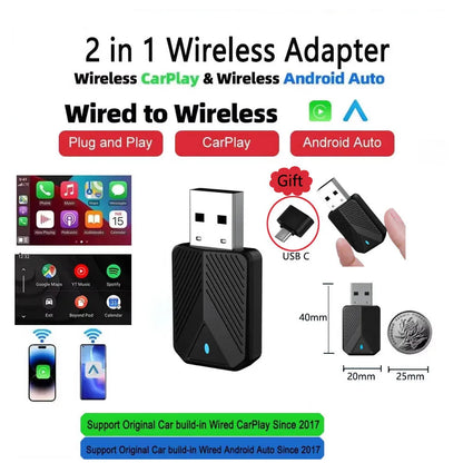 Skilldrive 2026 Mini 2 in 1 CarPlay Adapter Wireless Android Auto Adapter AI Smart Box Intelligent System for Wired CarPlay Car