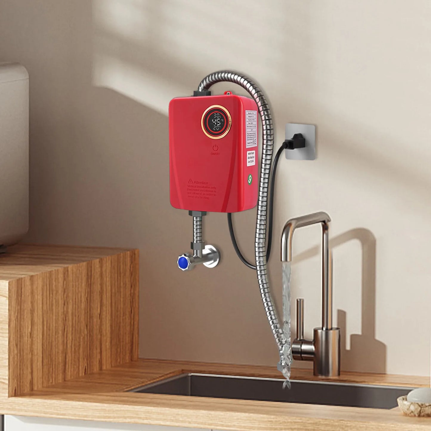 110V 3000W Stainless Steel Mini Water Heater XY-FA Red US Plug Instant Hot Water for Kitchen Bathroom
