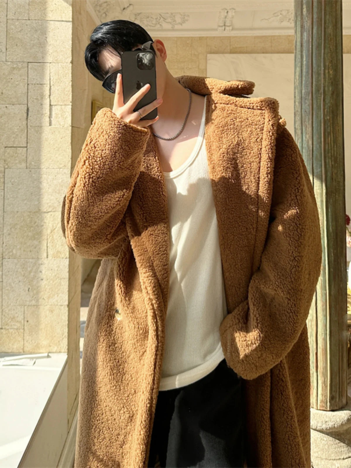 Autumn Winter Teddy Bear Fur Fashionable Versatile Men's Coat Loose Long over Knee Windbreaker Jacket Warm Stylish Urban Style