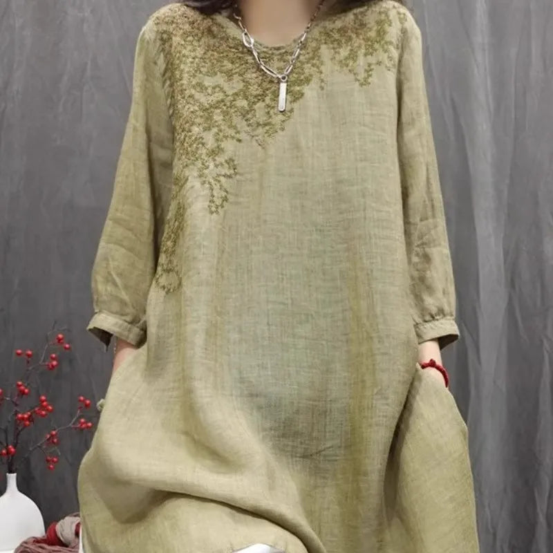 Retro Cotton Linen Embroidered Shirt Women's Thin Loose Mid-Length Open Split Top Korean Style Commute Fashion Summer 2025