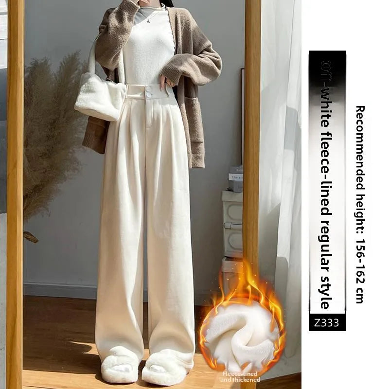 White Corduroy Wide Leg Pants Women's Autumn Winter Slim Straight Drapey Small Size Fleece Lined Suit Trousers