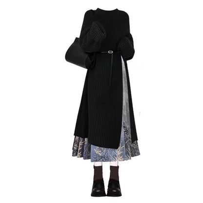 Autumn Winter Women's Knitted Dress Set with Slit Long Sleeve round Neck Loose Fit mid Thickening Two Pieces National Style
