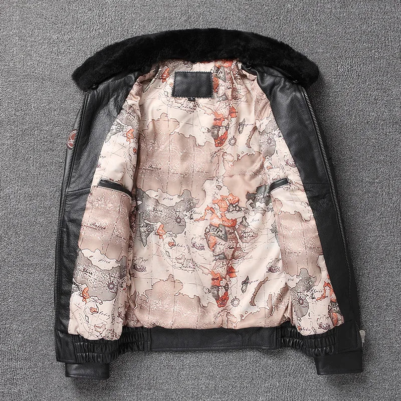 2026 New Winter Men's Warm Cowhide Top Coat Leather Bomber Jacket Detachable Fur Collar Plus Cotton Plus-size Leather for Men