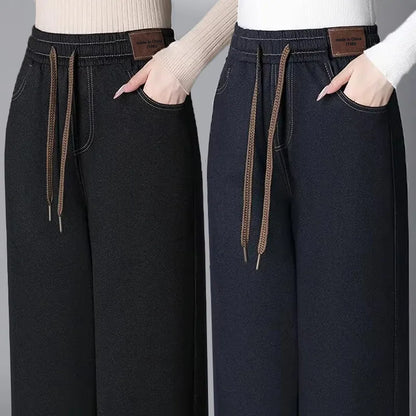 Women's Fleece Lined Wide Leg Pants High Waist Elastic Casual Mom Straight Leg Jeans Style Autumn Winter Fashion Loose Fit