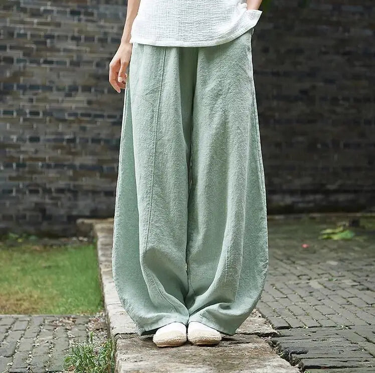 Cotton Linen Bloomers Wide Leg Pants Women Vintage Full Length Fashion Elegent Pants Solid Elasitic Waist Spring Autumn 5XL