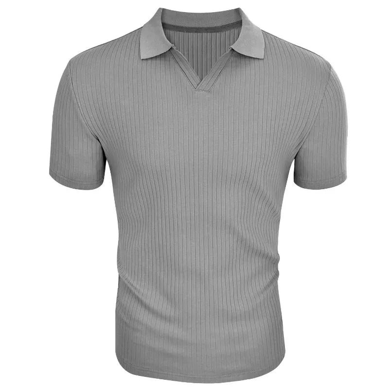 Men's Ribbed V-Neck Polo Shirt Summer Breathe Slim Fit Short Sleeve T-Shirt Men Casual Business Fashion T-Shirt