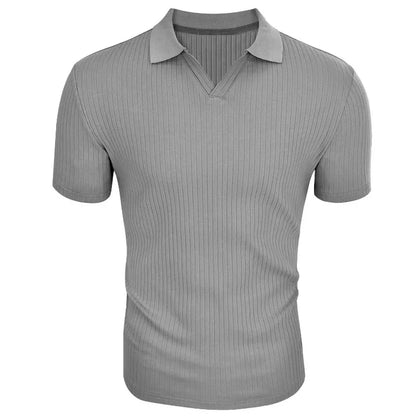 Men's Ribbed V-Neck Polo Shirt Summer Breathe Slim Fit Short Sleeve T-Shirt Men Casual Business Fashion T-Shirt