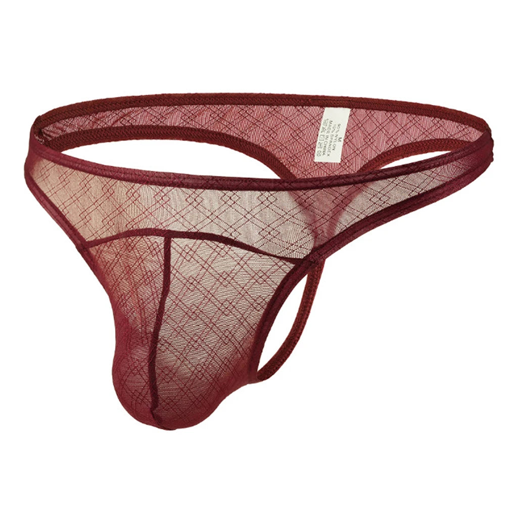 Quick Drying Men Mesh Lingerie See Through Plaid Fashion Thongs G-String Low Rise Soft Underwear Sexy Bikini