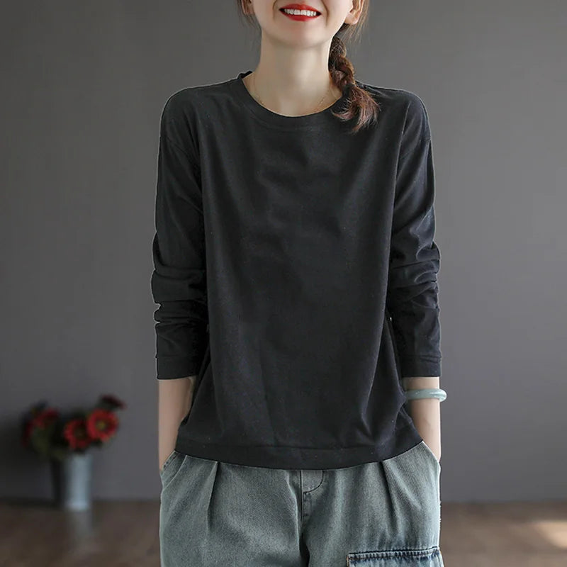 Retro Star Moon Pure Cotton Long Sleeve Pink Anti-Aging T-Shirt Women Loose Fashionable Spring Autumn Ladies Base Shirt Top
