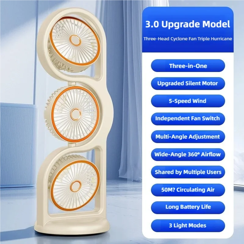 TINSOL 2026 New Portable USB Rechargeable Three-Head Fan – 360° Circulation, 5-Speed Wind, Dormitory and Outdoor Desktop Fan