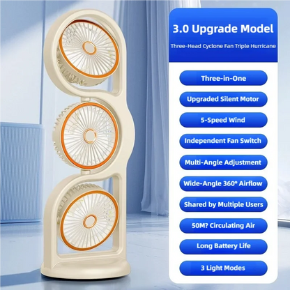 TINSOL 2026 New Portable USB Rechargeable Three-Head Fan – 360° Circulation, 5-Speed Wind, Dormitory and Outdoor Desktop Fan