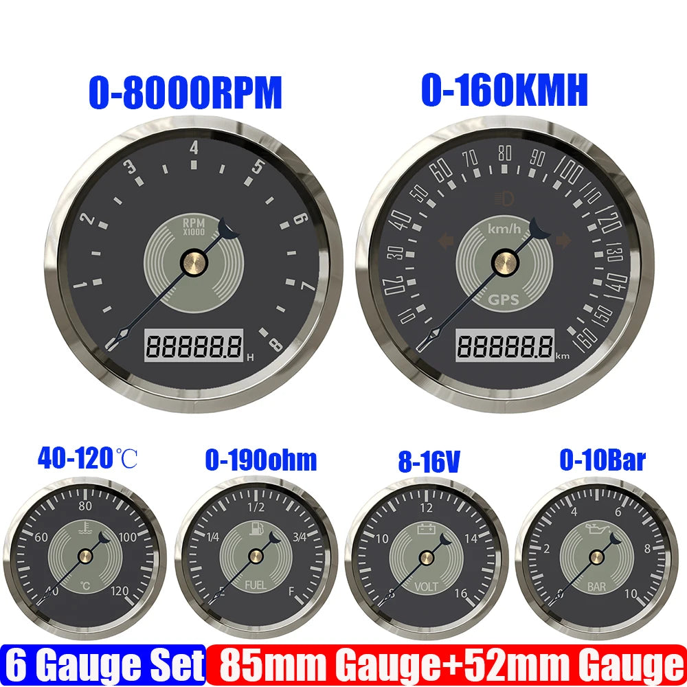 Retro 6 Gauge Set 160KMH,200KMH 85mm GPS Speedometer Gauge 8000RPM Tachometer 52mm Water Temp Oil Pressure Fuel Meter Voltmeter