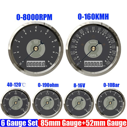 Retro 6 Gauge Set 160KMH,200KMH 85mm GPS Speedometer Gauge 8000RPM Tachometer 52mm Water Temp Oil Pressure Fuel Meter Voltmeter