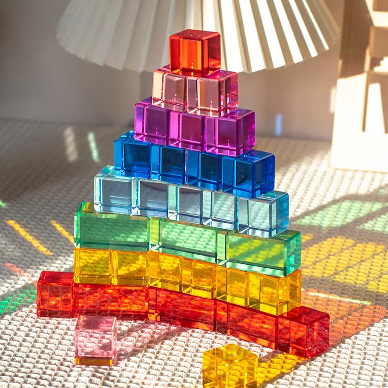 High Transparent Rainbow Crystal Acrylic Cubes Stacking Gem Blocks Sensory Building Blocks for Kids Learning Color Light Shadow