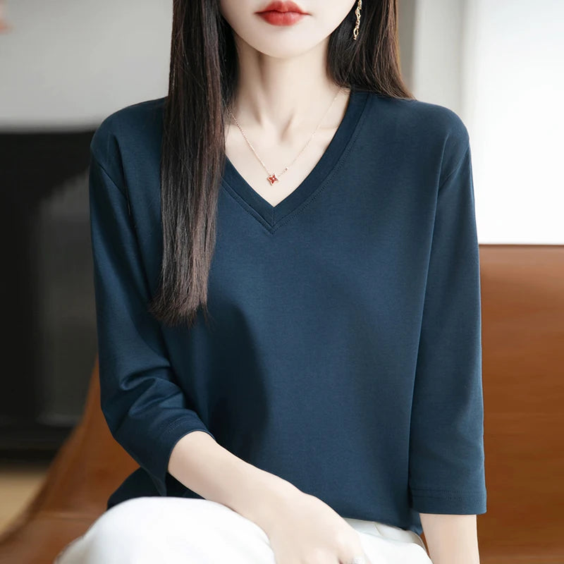 Spring And Summer New White Mercerized Cotton Cropped Sleeve T-shirt Feminine Joker 100% Cotton Bottoming Shirt Half Sleeve