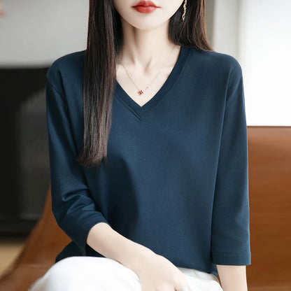 Spring And Summer New White Mercerized Cotton Cropped Sleeve T-shirt Feminine Joker 100% Cotton Bottoming Shirt Half Sleeve