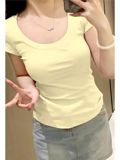 American Retro Shoulder U-neck  Color Short Sleeve T-shirt Women Summer Slimming Waist Pure Desire Short Hot Girl Top