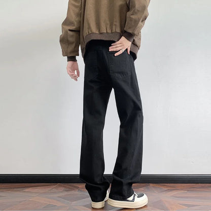 Men's Retro Faded Grey Jeans American Vintage Washed Elastic Denim Pants Loose Wide Leg Casual Streetwear Straight Jean Trousers