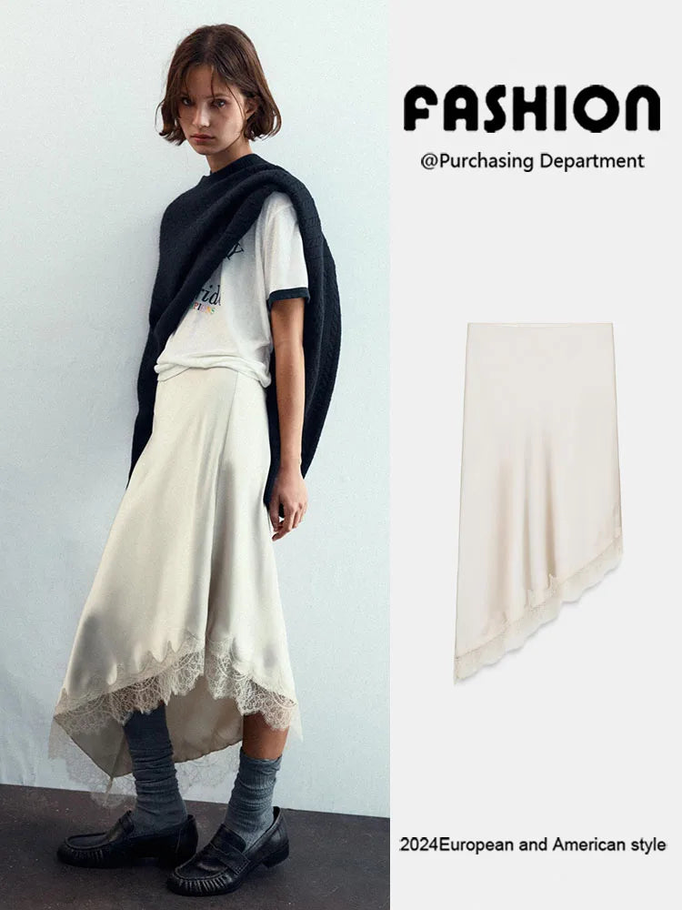 Winter New Arrival Women's Simple Versatile Mid-Waist Lace Trim Silk Satin Skirt Elegant Ethnic Stage Costume