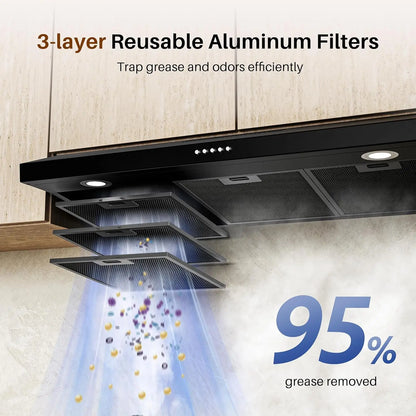 Black Under Cabinet Range Hood 36 Inch, Ducted/Ductless Convertible Kitchen Hood with 3 Speed Exhaust Fan, 300 CFM, LED